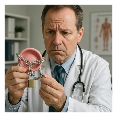 realistic doctor showing a diaphragm locked with a chain, worried expression, realistic details, medical office, no comic elements, hyper realistic style sticker