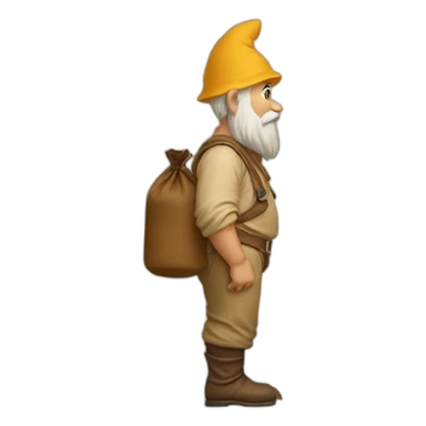 side view of gnome with light tan pants squatting on top of small brown bag sticker