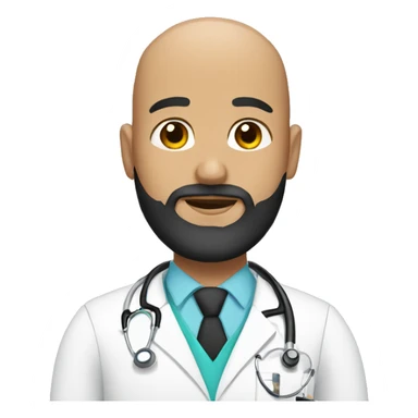 Bald male doctor with black beard and a crown sticker