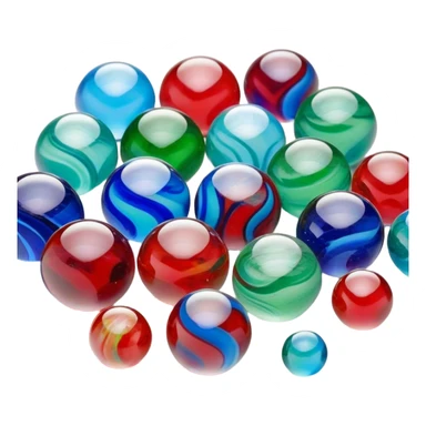 "A close-up view of colorful glass marbles with intricate swirling patterns inside. The marbles are scattered on a smooth surface, reflecting light beautifully. Some are transparent, while others have vibrant colors like blue, green, and red. The scene has a soft, natural lighting that enhances the glossy texture of the marbles sticker
