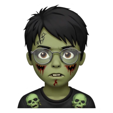 Boy, zombie, black hair, medium long, emo, shaggy, dark, spooky, creepy expression emoji, add dolce gabanna glasses, a risk on the eyebrow, some tattos  sticker
