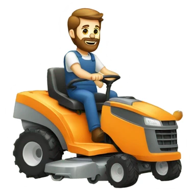 A white man with brown hair and a beard pushing an orange mower sticker