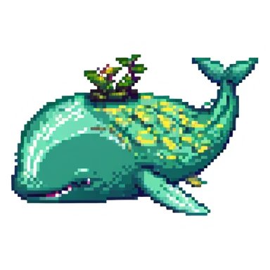 Magic whale, pixel art style, green and yellow colors sticker