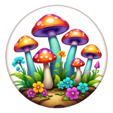 A round psychedelic colored button with beveled edges and colorful hippie style mushrooms sticker