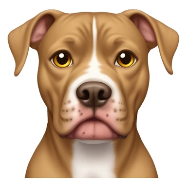 A light brown pitbull femail dog with cripped ears and golden eyes, her face is golden brown without white spots, her chest has a white spot sticker