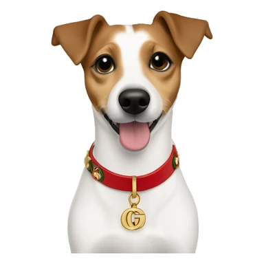 one year old jack russell terrier light brown wearing gucci gold green and red GG sticker