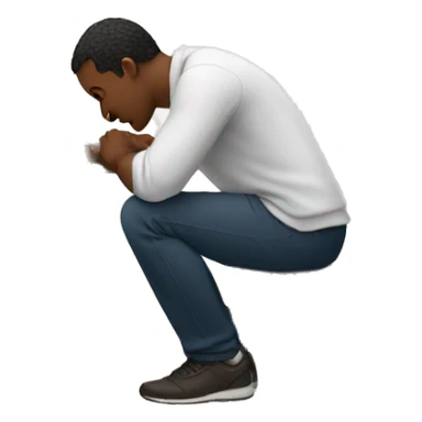 man kneeling in front of computer sticker