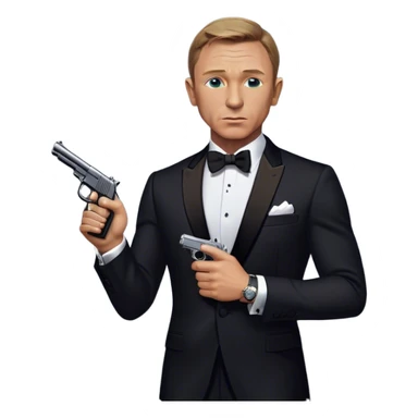 Cinematic Realistic James Bond Daniel Craig Portrait Emoji, depicted as the ultimate suave and enigmatic secret agent, donning a sharply tailored tuxedo, gripping a sleek handgun, with a piercing gaze that exudes confidence and danger. The scene is infused with moody, high-contrast cinematic lighting, evoking the thrilling world of espionage and intrigue. sticker