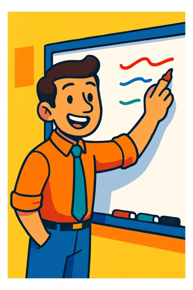 cheerful male teacher writing on a white board, cartoon style, vibrant colors sticker
