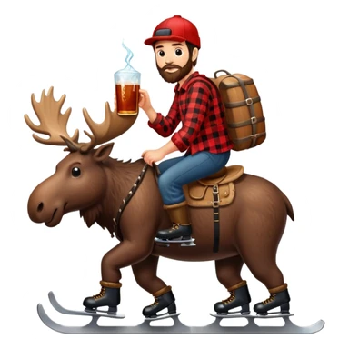 canadian lumberjack wearing red and black flannel shirt and drinking maple syrup and wearing ice skates while riding on a moose sticker