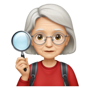 Explorer old woman with red shirt backpack and magnifying glass sticker
