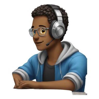 young men sitting in front of a computer with headphones on sticker