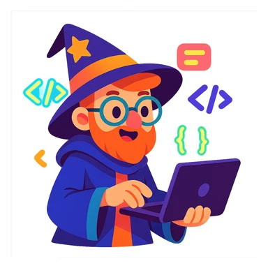 cute wizard coder with glasses holding a laptop surrounded by glowing code, vibrant toon style, cartoonish, colorful, dynamic sticker