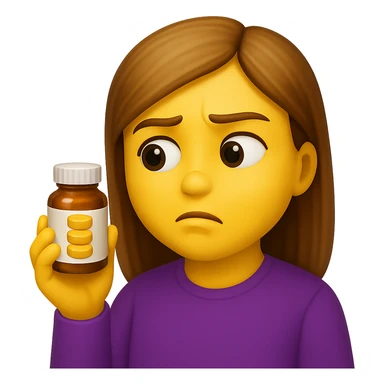 DONNA STILE EMOJI IPHONE DI UNA DONNA CON BOCCETTA DI INTEGRATORE IN MANO ED ESPRESSIONE DUBBIOSA, 4K sticker
