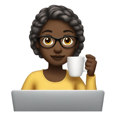a clean girl drinking her hot coffee at in front of her laptop, she has black skin sticker