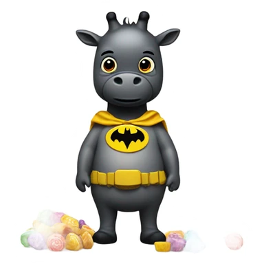 An out of shape and fat rainbow Batman that is a giraffe is hiding assorted candy  sticker