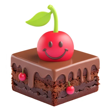 3D chocolate brownie with a smiley face, realistic depth, with a cherry on top, emoji style sticker