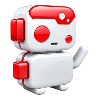 A sleek 3D icon of an AI assistant with glowing red elements, chat bubbles, and subtle YouTube play button integration, white background, modern tech style sticker