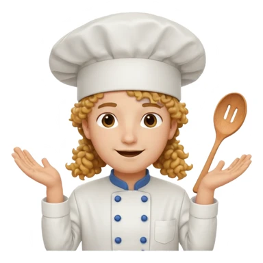 Long curly hair, happy, wearing chef uniform and chef hat sticker