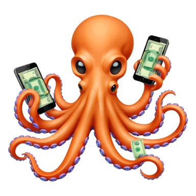 Intimidating octopus with pearl black skin, neon peach suction cups. Evil looking octopus is wearing a white face mask and thick gold necklace. 2 tentacles are holding their own cellphone, 2 more tentacles are holding stacks of money. sticker