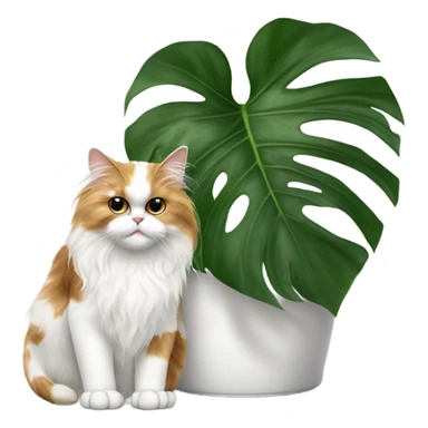 Calico persian cat beside monstera plant with 4 matured leaves in white pot sticker