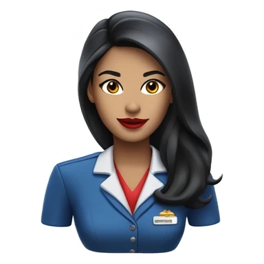 Flight attendant with long black hair, red lips and a blue uniform sticker