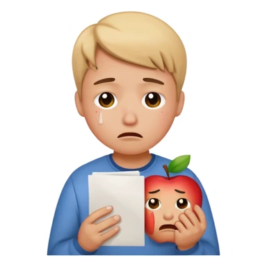 emoji student sad holding paper IELTS 5.5, crying, failure, white background, apple emoji style sticker