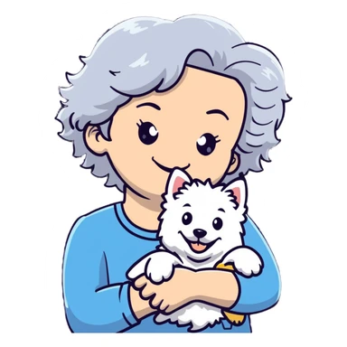 50-year-old woman with silver curly hair, smiling, with a Westie dog, cartoonish sticker sticker