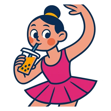 a ballerina drinking boba, fun and expressive style, vibrant toon style, playful and colorful sticker