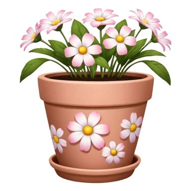 plant pot in terra cota with white and pink flowers print painted on the pot sticker
