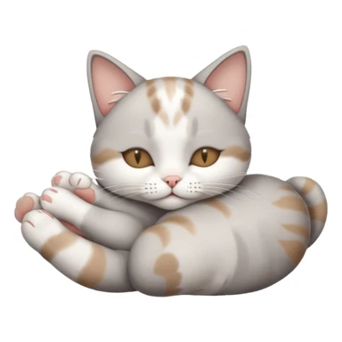 grey and white small cat with eyes closed lying down upside down with its paws/arms tightly covering its own face sticker