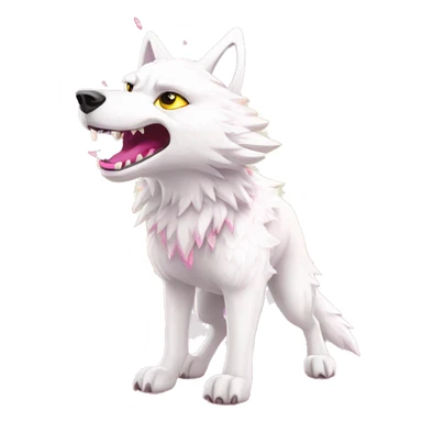Sparkling crazy white snarling aggressive wolf dancing snow mad big eyes illustration doodle high contrast lightning bolt halo sun beams white pink yellow red party sparkle glitter sticker