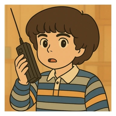 Variação do Mike Wheeler com cabelo de tigela mais volumoso, traço simples e delicado, colorido em tons pastel, contornos bem grossos e escuros, estilo Ghibli, formato 1:1 sticker