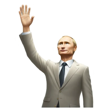 Putin stands with his right hand raised towards the sun sticker