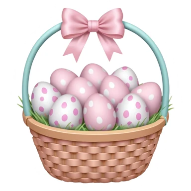 white basket full of light pink easter eggs with a light pink bow sticker