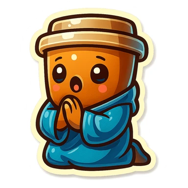 Tall coffee cup, bowing on knees, praying, worship, wearing soft blue monk robes sticker