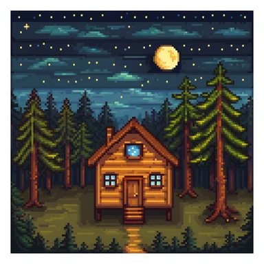 wooden house in a pine forest at night with stars in the sky sticker