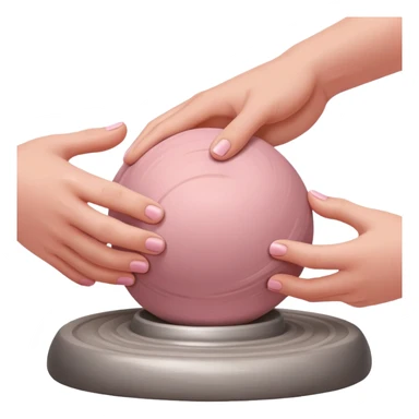 two hands kneading a pink ball of clay over a silver pottery wheel without the clay touching the wheel sticker