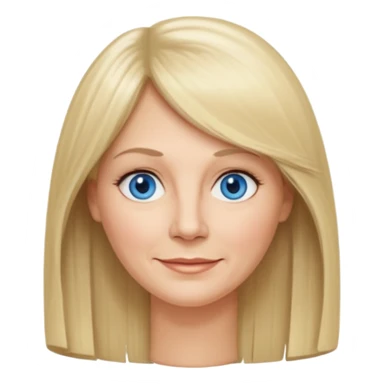 50 yr old white woman, curtain bangs, very long straight blond hair, oval face, small smile, blue eyes, thin face, hair downback, hair parted at center of head, round cheeks, pale, longer hair sticker