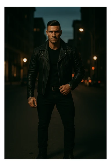 A confident, strong man standing in the middle of a city street at dusk, wearing a black leather jacket and boots, sharp jawline, intense gaze. Radiating masculine energy. Cinematic lighting, moody urban background, dramatic shadows, shallow depth of field. 35mm film style sticker