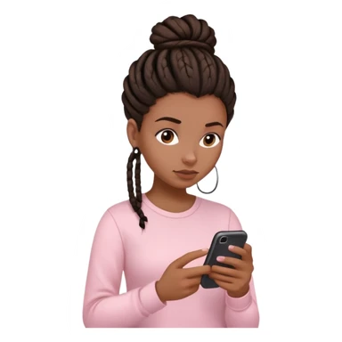 Dark brown woman wearing a light pink shirt and dreadlocks in bun texting on a Light pink phone sticker