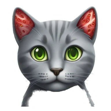 grey cat with green eyes with a strawberry sticker