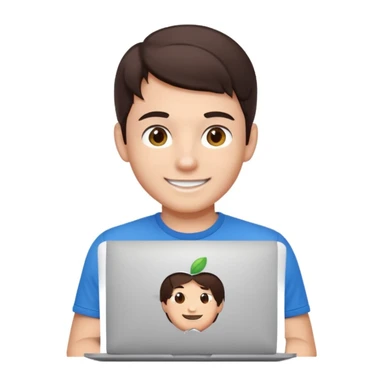 apple-style emoji of a young male software engineer, dark brown hair, hazel eyes, dimple, smiling and winking, tech t-shirt, using a MacBook with Apple logo, light gray background sticker