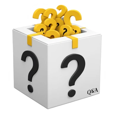 white cube shaped box printed with "q&a" over stuffed with yellow question marks sticker