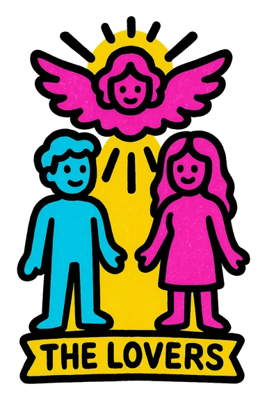 The Lovers tarot card emoji, two figures standing together with an angel above them, vibrant detailed style sticker