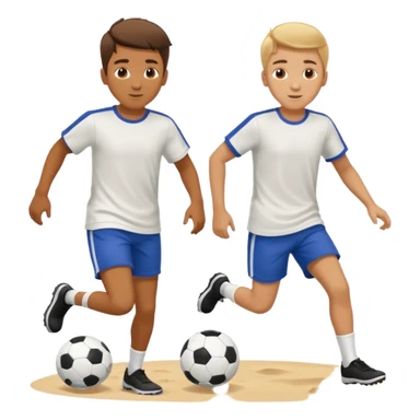 Two boys playing soccer at the beach. sticker