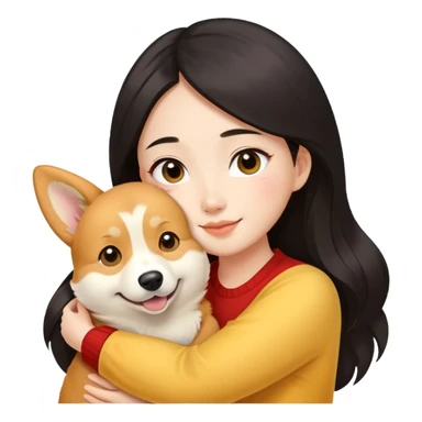 with long black brown hair,the chinese girl hugging a yellow corgi dog sticker