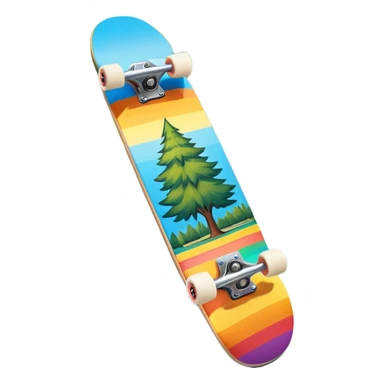 An icon featuring a colorful skateboard resting on a smooth pavement. The background shows a sunny park with trees, a clear sky, and a lively atmosphere. The skateboard's deck is decorated with vibrant designs, emphasizing its dynamic style. Transparent background  sticker