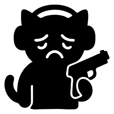 tired sad cat with a gun in hand and headphones, solid filled icon sticker