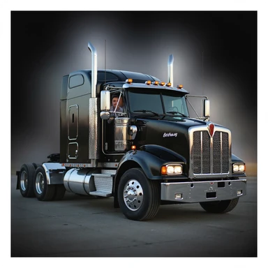 Edit the image to show only one person in the black Kenworth W680 sleeper semi truck, hanging out of the window with one arm up. The truck has chrome stacks. The style is realistic and photorealistic. Keep the background transparent as requested. sticker